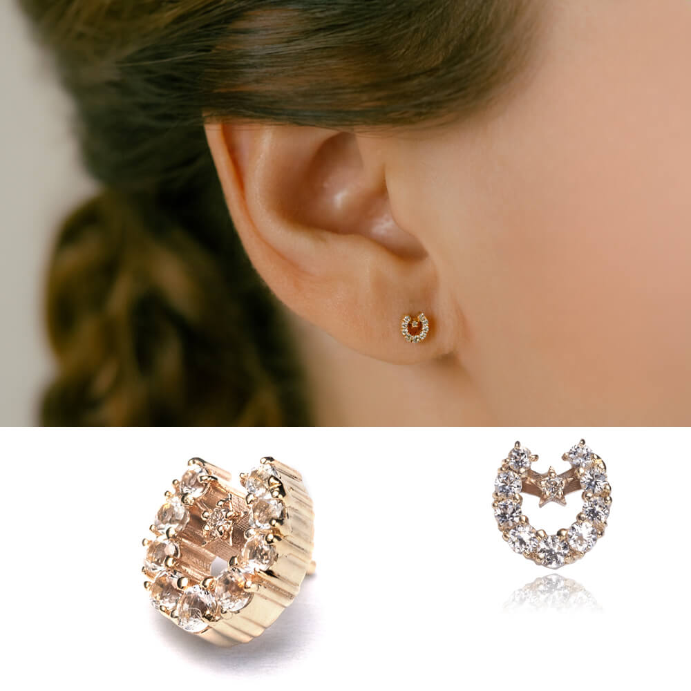 馬蹄モチーフ 軟骨ピアスパーツ K10YG ホワイトトパーズ＆ダイヤモンド